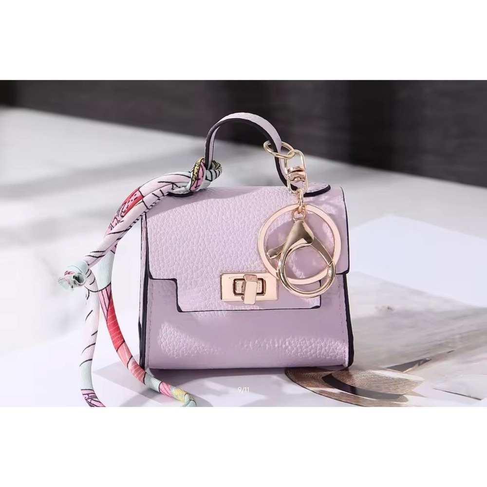 Mini Pebbled Faux Leather Bag Keychain or Purse Charm with Twilly Scarf